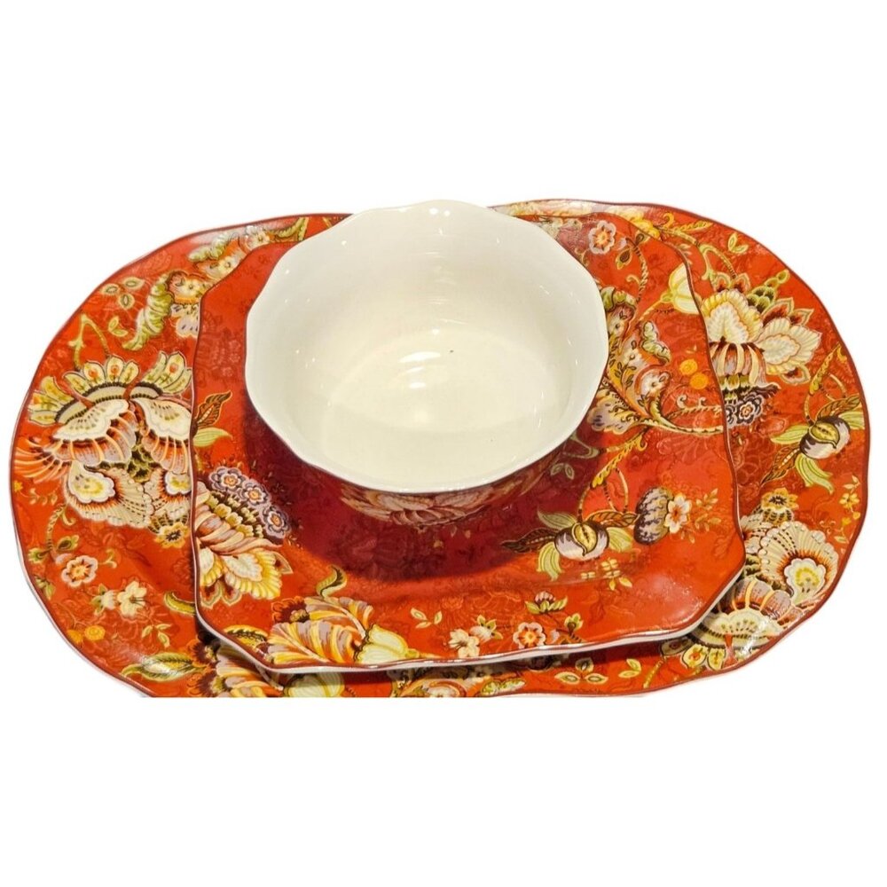 222 Fifth Gabrielle 3pc Set 6" Bowl 9" Square Plate & 14" Platter Fine Ceramic